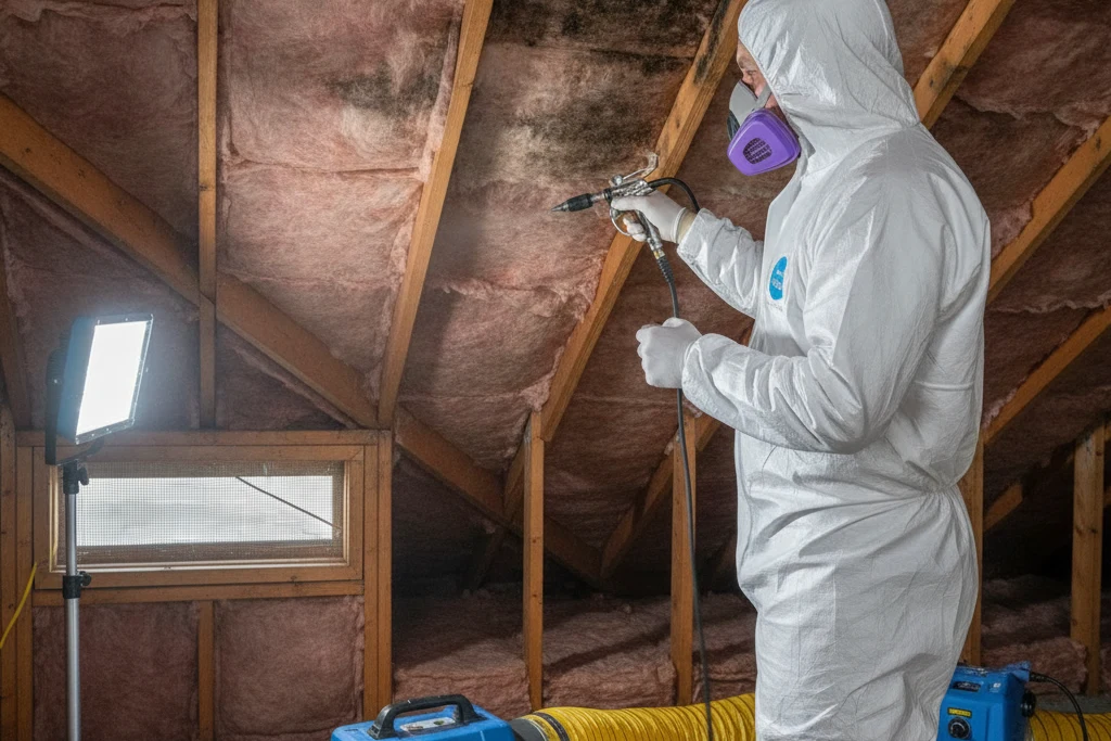 Technician treating mold on attic roof sheathing and rafters with a work light and air scrubber