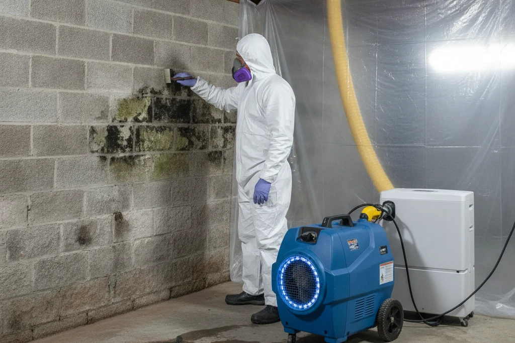 Technician treating mold on a concrete-block basement foundation wall with a dehumidifier and air scrubber