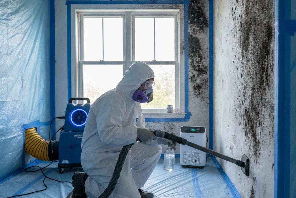 Certified technician removing heavy black mold from a residential wall with HEPA equipment and containment