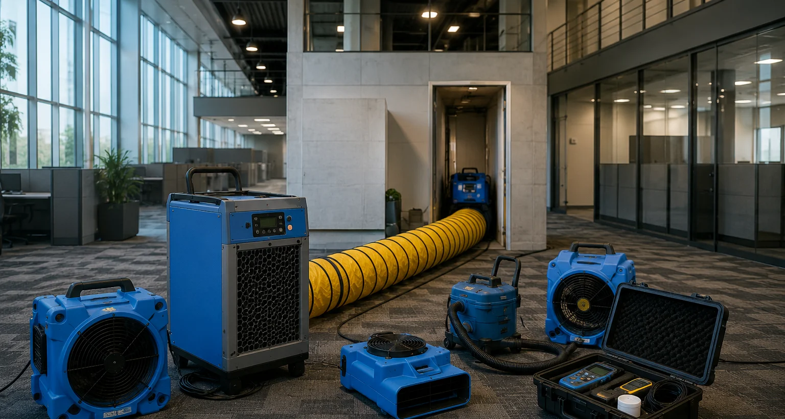 Commercial mold remediation crew restoring a large commercial property