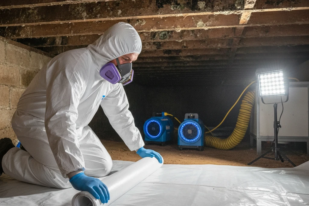 Technician installing a vapor barrier in a crawl space with mold on the floor joists overhead