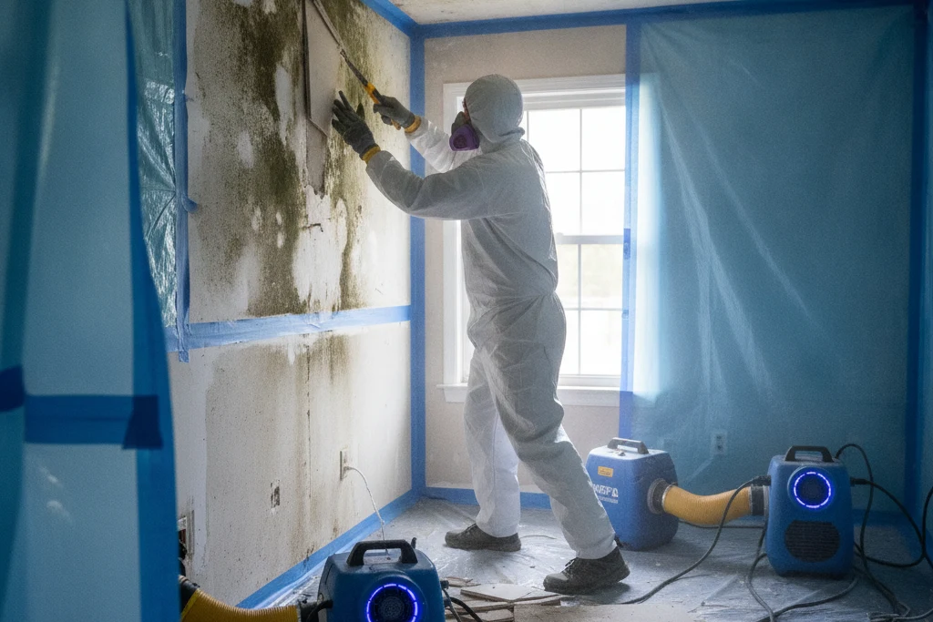 Certified technician urgently removing spreading mold from a water-stained wall with containment and HEPA air scrubbers