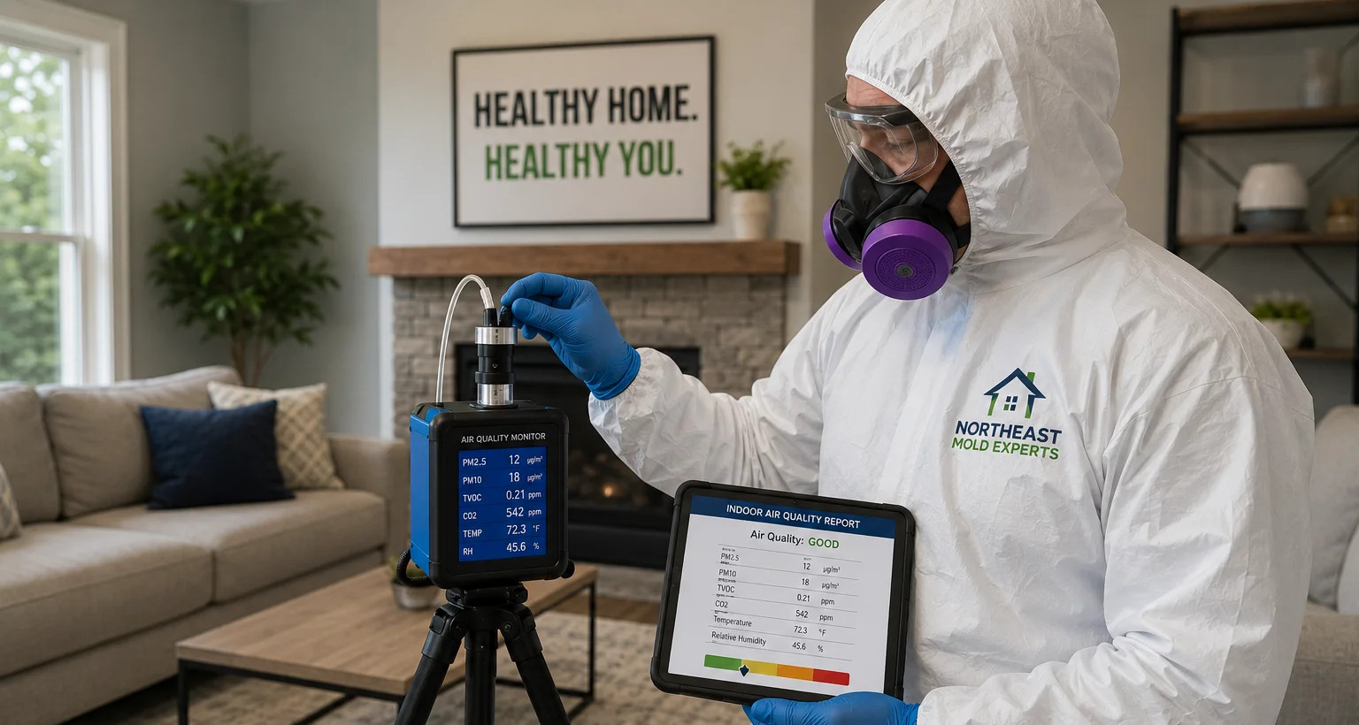 Indoor air quality testing equipment measuring airborne mold spores inside a home