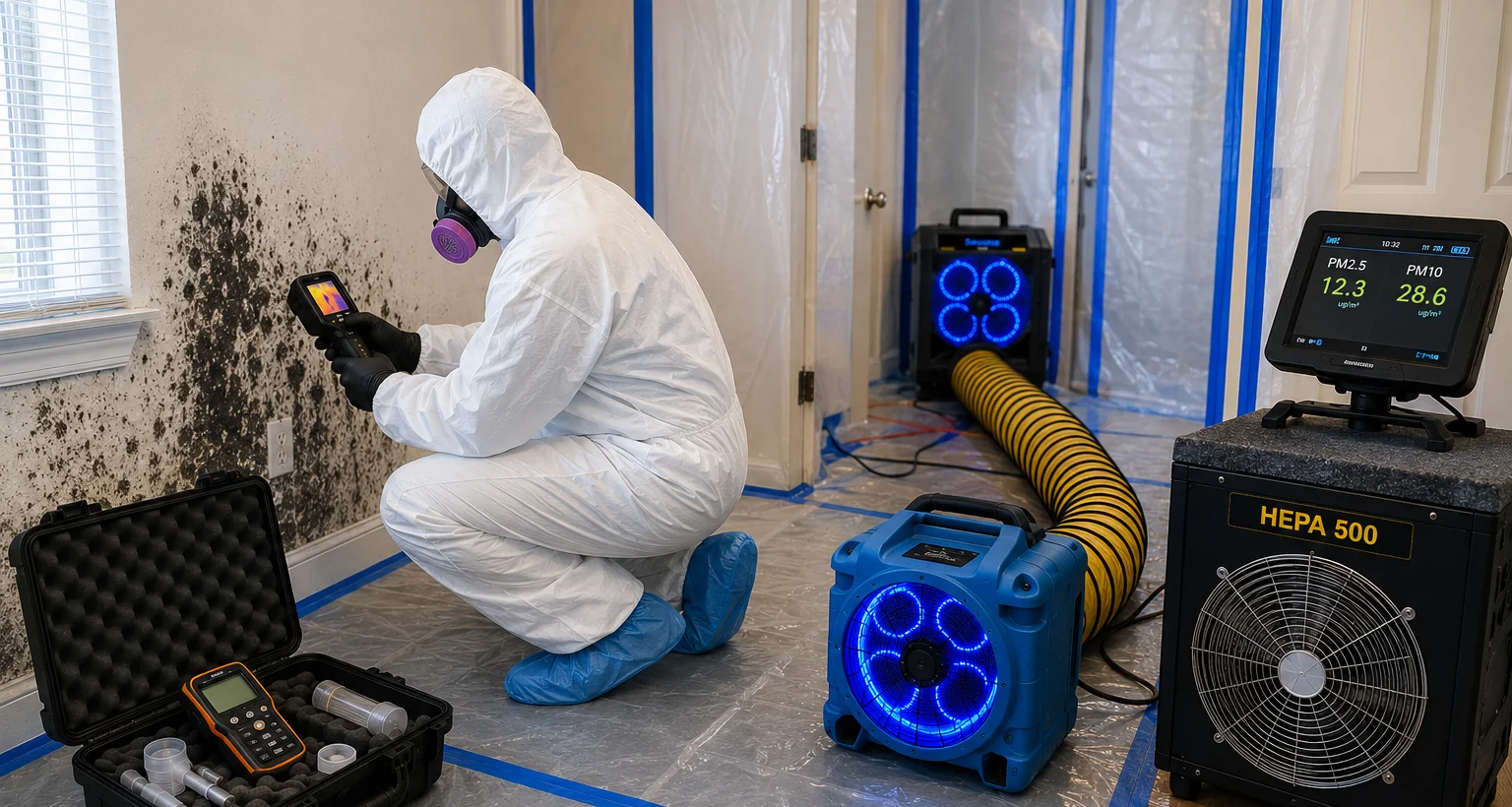 Licensed mold inspector examining a wall for moisture and hidden mold growth