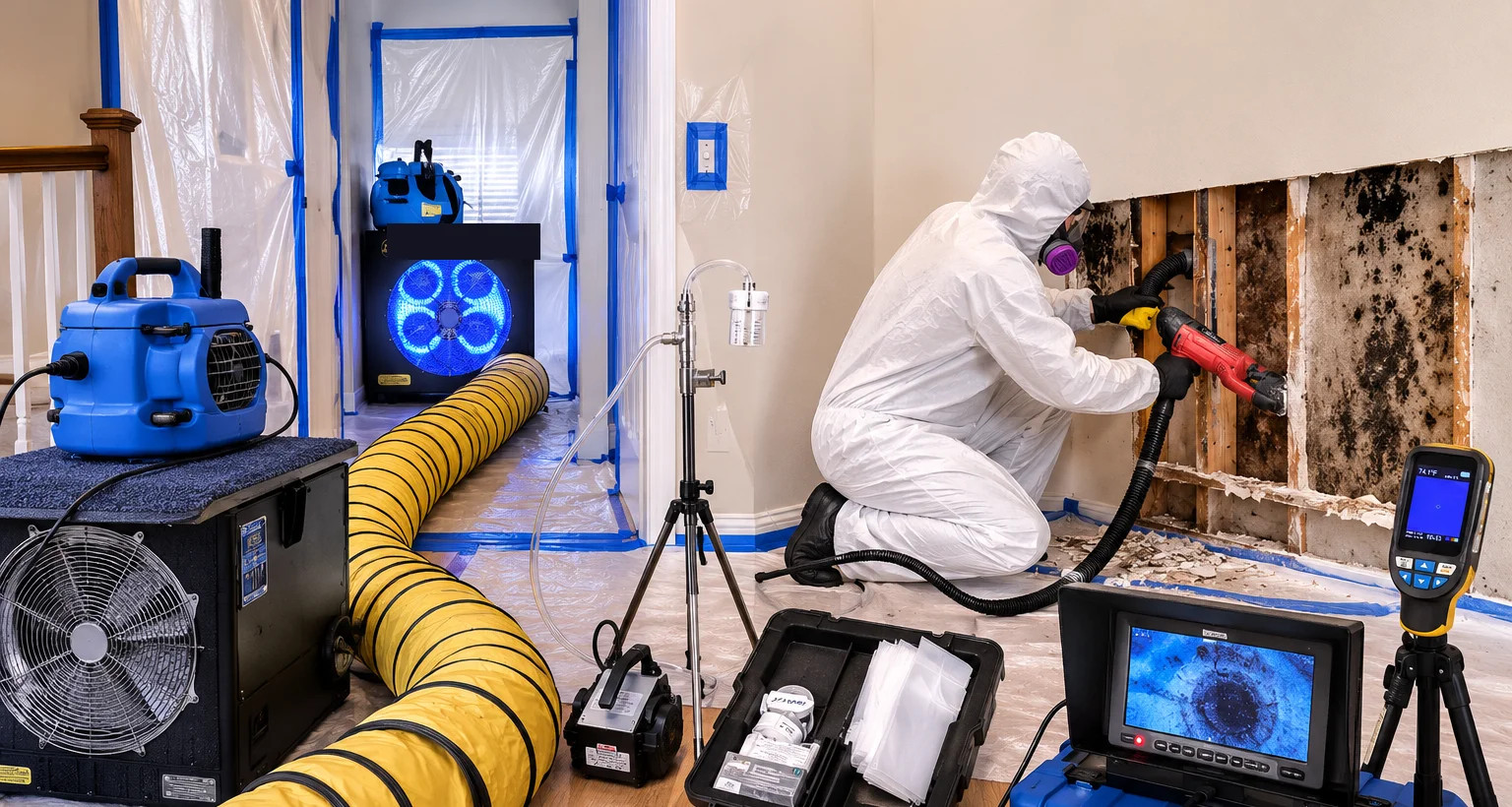 Certified technicians performing mold remediation with containment and HEPA air filtration