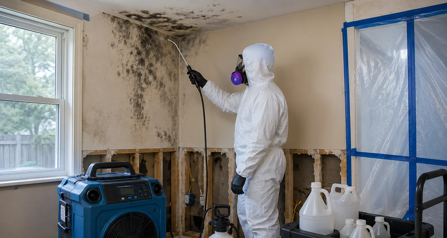 Mold removal specialist treating and cleaning mold-affected surfaces in a home