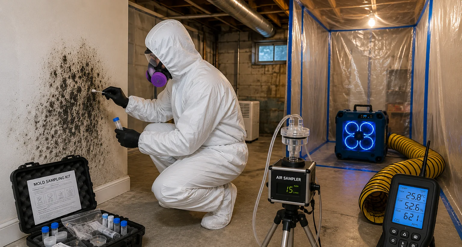 Mold testing professional collecting air samples for laboratory analysis