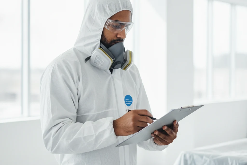 Certified mold remediation technician reviewing salary and career data report